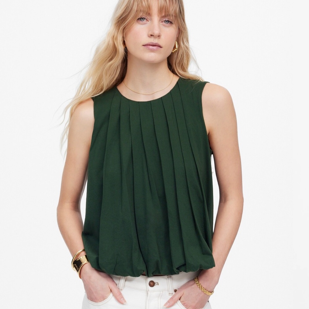 NEW MADEWELL Sleeveless Crewneck‎ Bubble Top in Summit Green Pleated Size Medium